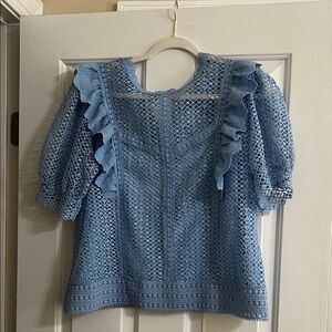 NWOT Ultra Pink Blue Ruffle Puff Sleeve Lace Top Size Large